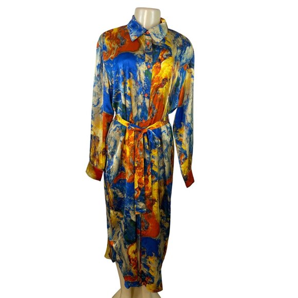 Fashion Nova Abstract Print Long-Sleeve Button-Down Belted Midi Dress Sz L - New - Picture 1 of 9
